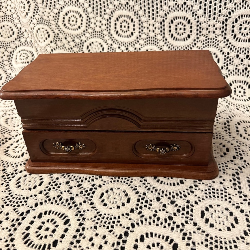 Vintage 1980s Wooden Jewelry Box | Mirror Drawer | Cottage